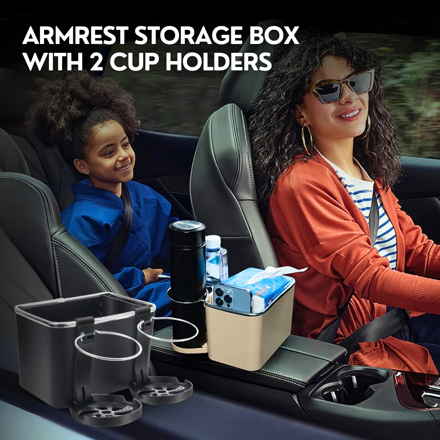 HIGHTQURO® Armrest Storage Box with 2 Cup Holders